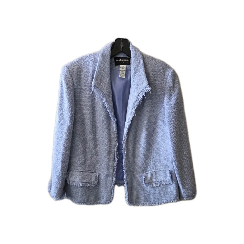 Sag Harbor Petite Blue Tweed Fringe Trim Open Front Blazer Jacket Size 14P